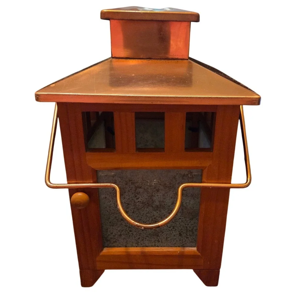 Wood Copper Candle Lantern Mission Style Rustic Seeded Textured Glass Decor